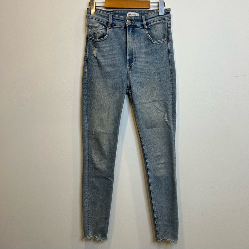 Zara High Rise Waist Skinny Jeans Raw Hem Blue